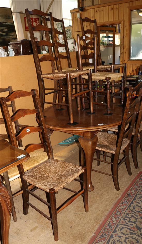 1930s mahogany extending dining table with one spare leaf & dining chairs (7) & 2 other rush seat chairs